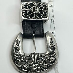 Vintage Vicenza Black Calfskin Leather Belt Silver Chrome Buckle Hardware 28"